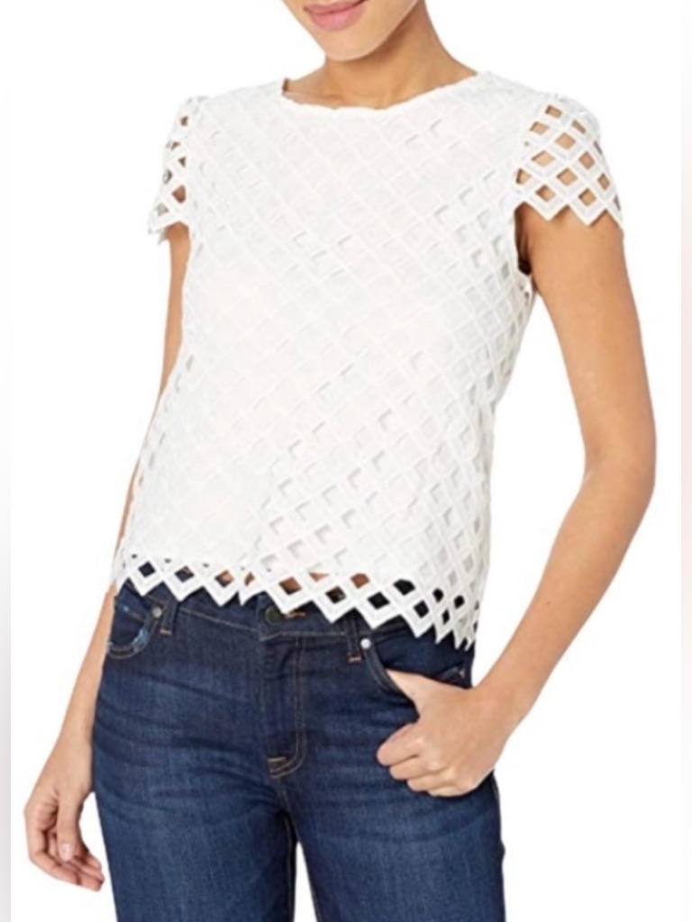 Milly White Lattice Scallop Short Sleeve Blouse Small Nwot